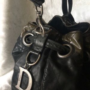 Dior Cannage Quilted Leather Drawstring Bucket Shoulder Bag Black/Patina